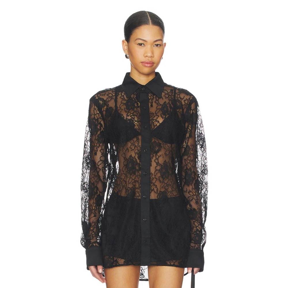 Comfy USA Lace Button Down Shirt Women's Size S Black Excellent High Low Sheer